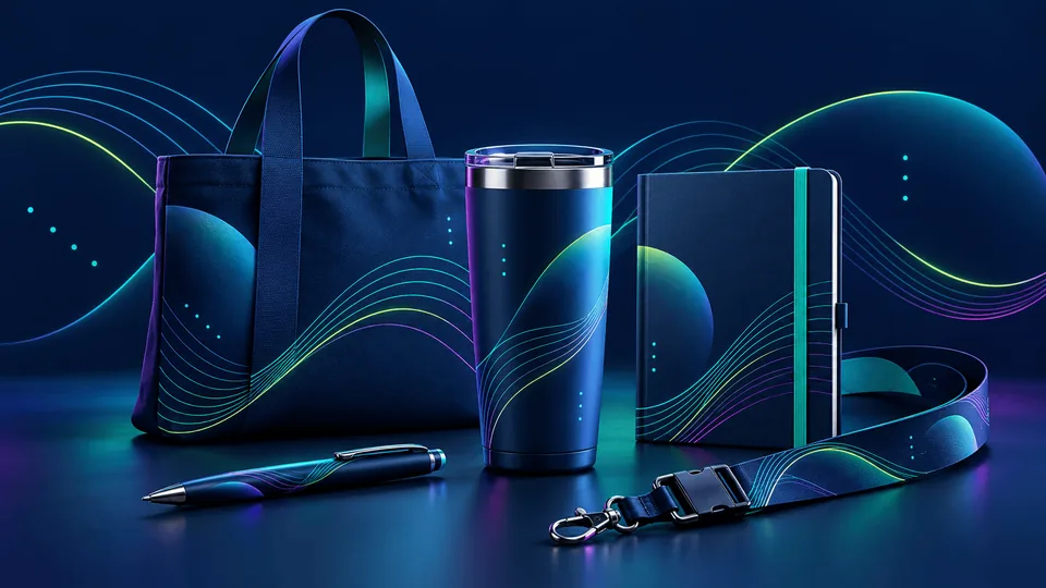 Kit promocional de marca: bolso, termo, libreta, esfero y cinta